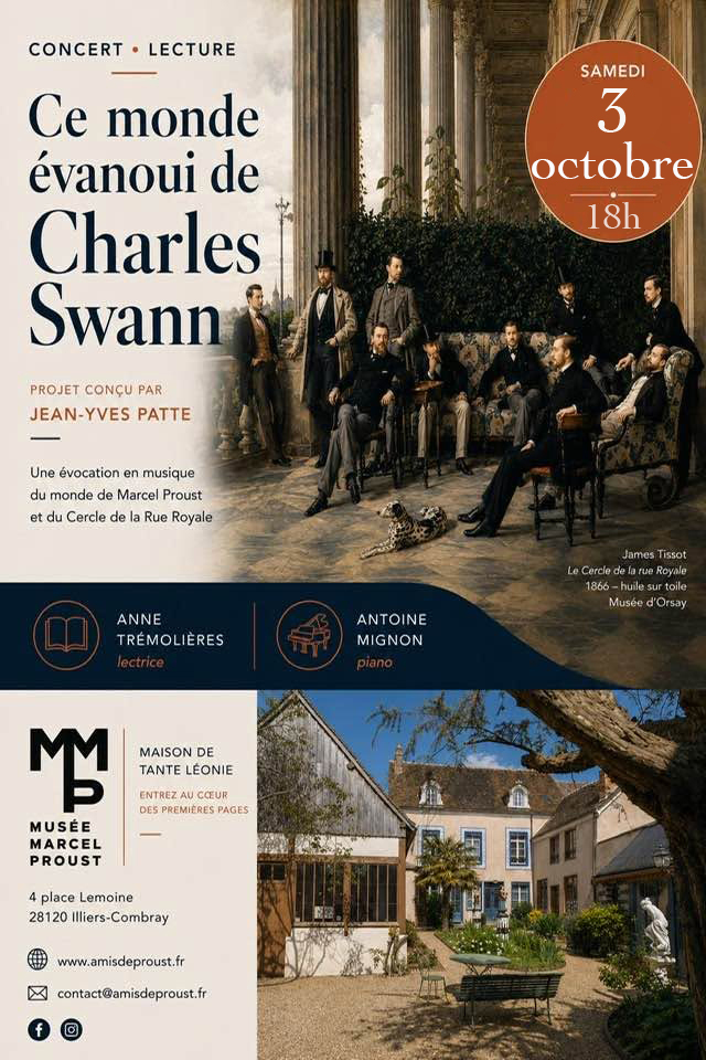 Affiche voor de concertlezing Ce monde évanoui de Charles Swann, zaterdag 3 oktober om 18.00 uur in de Maison de Tante Léonie
