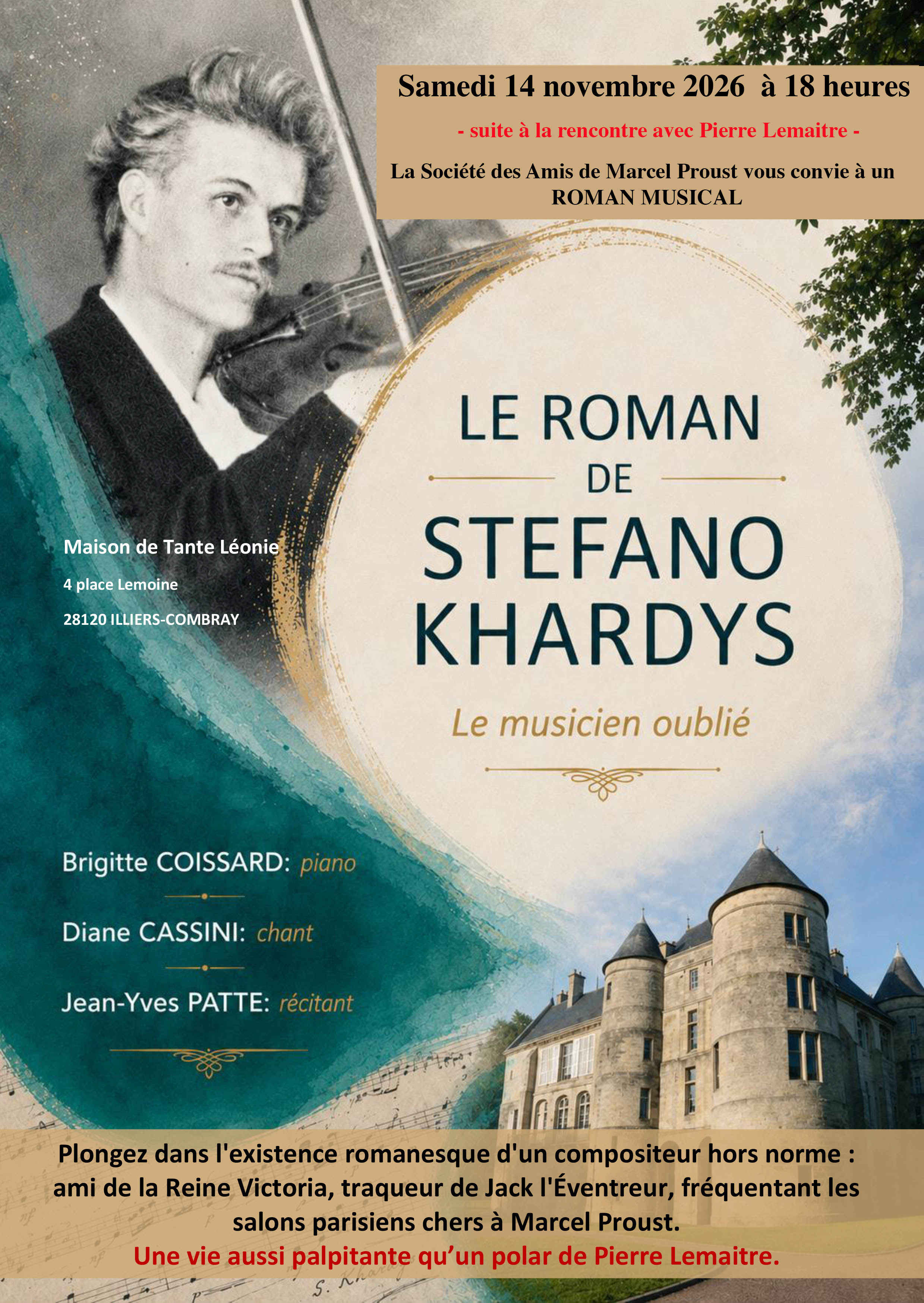 2026年11月14日（土）18時にレオニ叔母の家で上演される「Le Roman de Stefano Khardys」のポスター