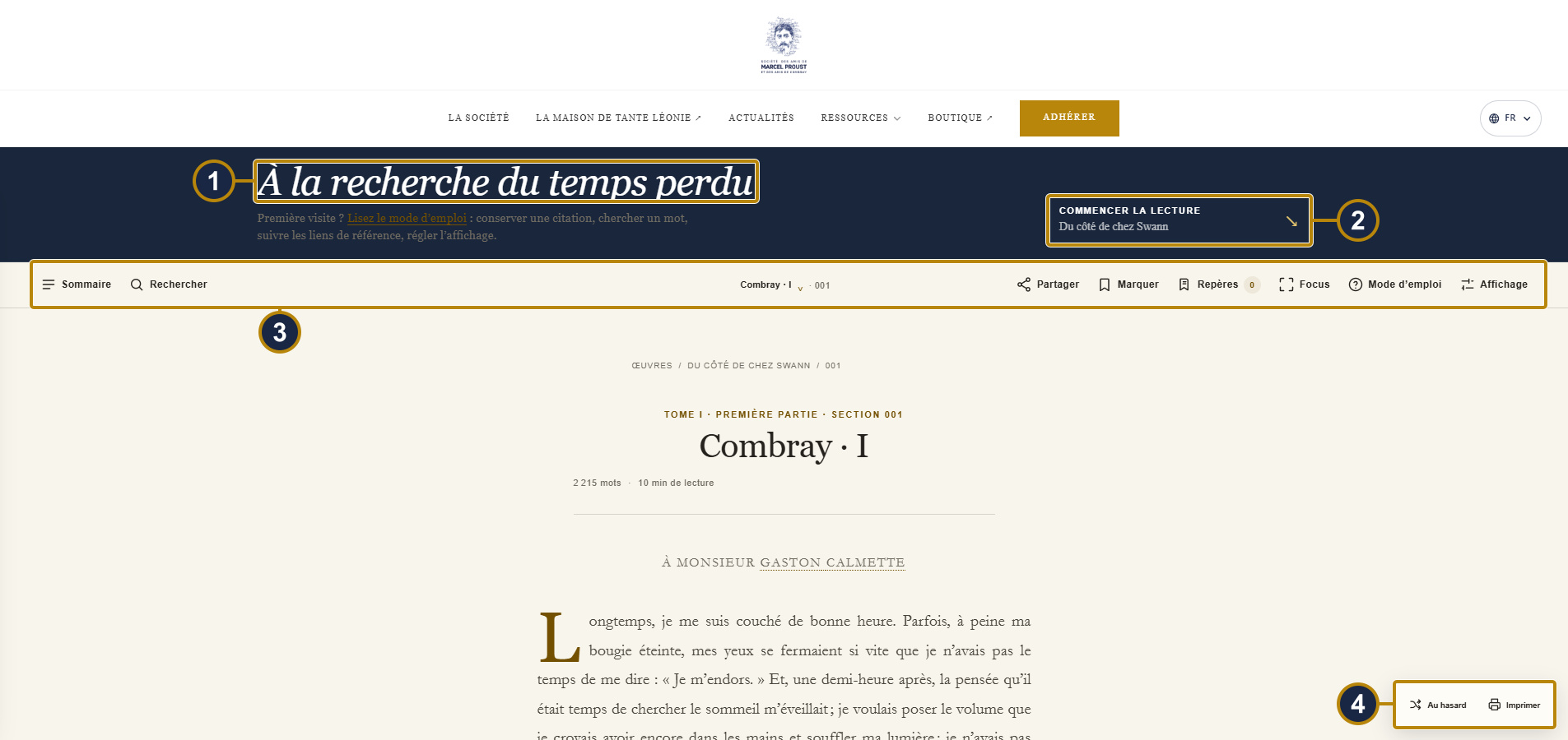 Top of the reader page: the title “À la recherche du temps perdu” on a midnight-blue background, the “Reprendre la lecture” button at right after a first reading, the toolbar below, and the “Actions” menu at bottom right. Boxes and numbers match the captions.