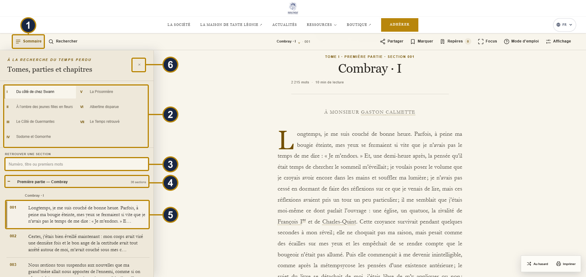 The ‘Sommaire’ panel over the text: seven volumes, a ‘Retrouver une section’ field, expandable parts of the current volume, and sections with their opening words. Boxes and numbers match the captions.