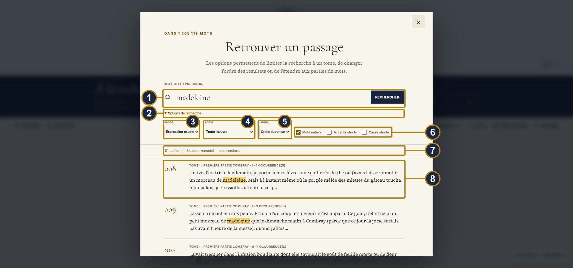 The reader’s search window: input field and ‘Rechercher’ button, expanded ‘Options de recherche’, result count, and a list of passages with volume, section and excerpt. Boxes and numbers match the captions.
