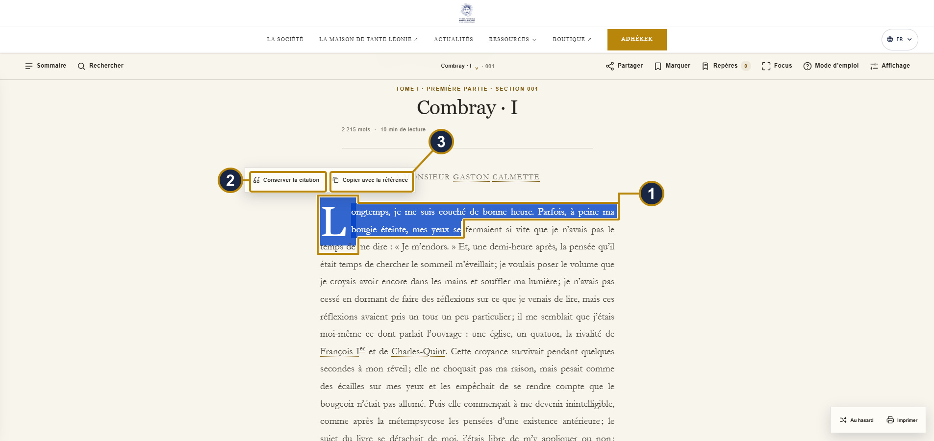 A passage highlighted in blue, with a bubble above it offering ‘Conserver la citation’ and ‘Copier avec la référence’. Boxes and numbers match the captions.