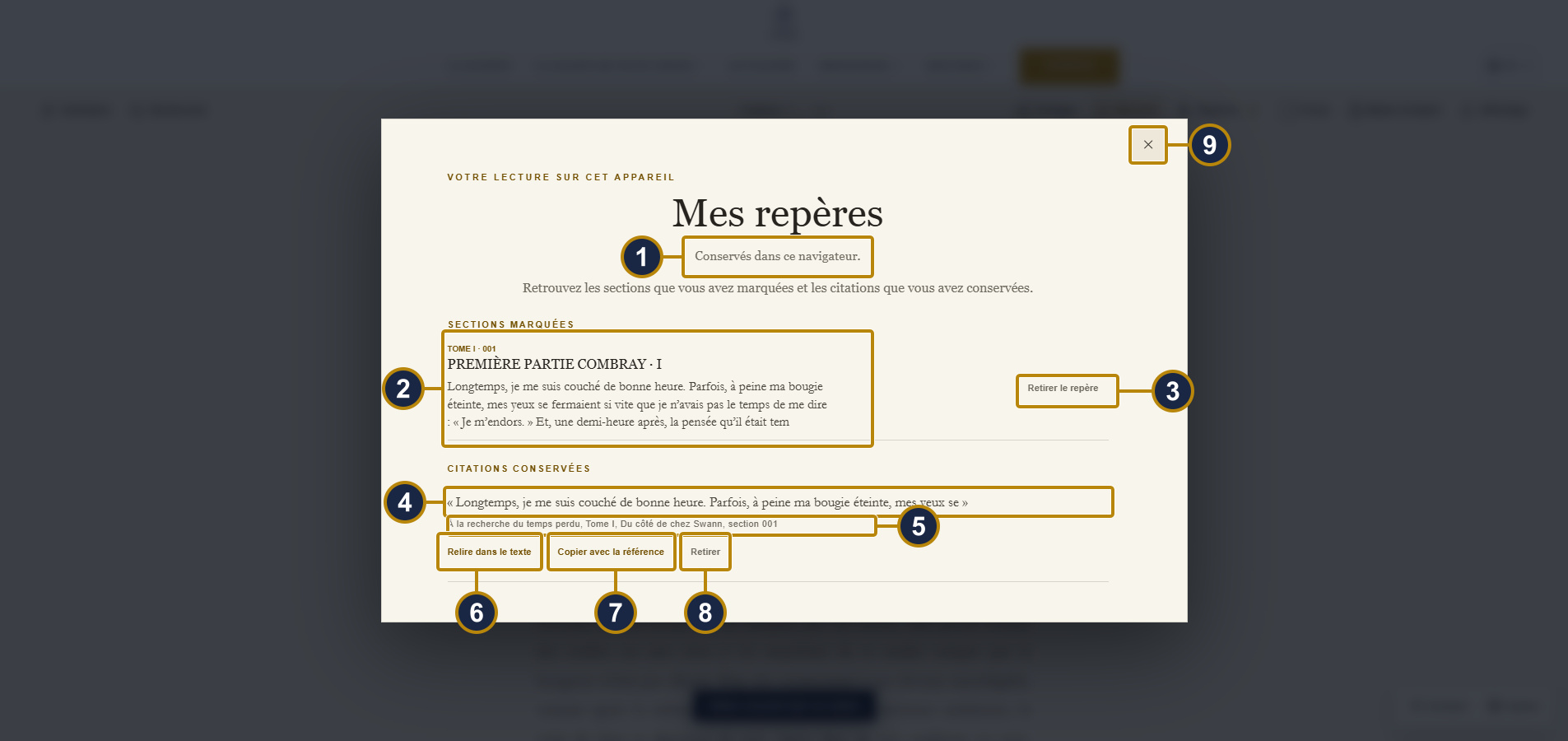 The “Mes repères” window over the text: a notice about local storage in this browser, followed by bookmarked sections and saved quotations with their actions. Boxes and numbers match the captions.