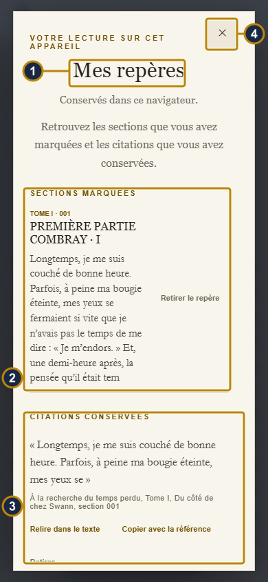 The “Mes repères” window on a phone: a vertically scrolling dialogue, bookmarked sections at the top, saved quotations lower down, and a close cross at upper right. Boxes and numbers match the captions.