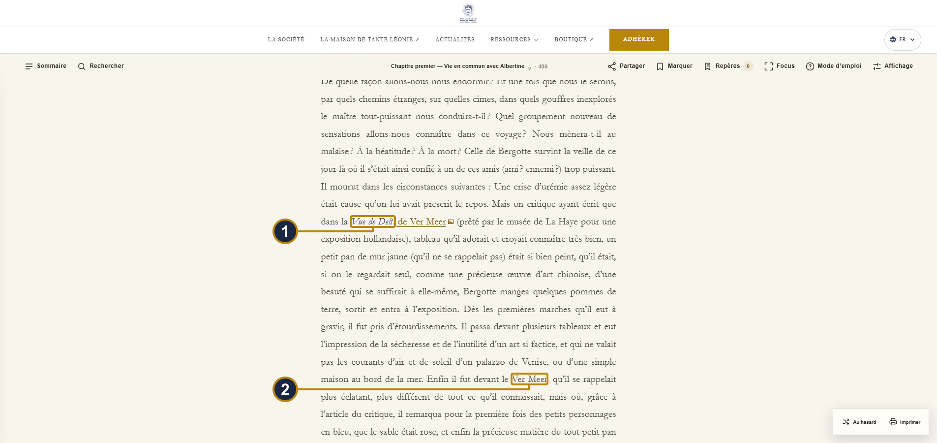 Close-up of a paragraph with ‘Vue de Delft’ dotted in gold at rest and ‘Ver Meer’ hovered, now solidly underlined and gold. Boxes and numbers match the captions.
