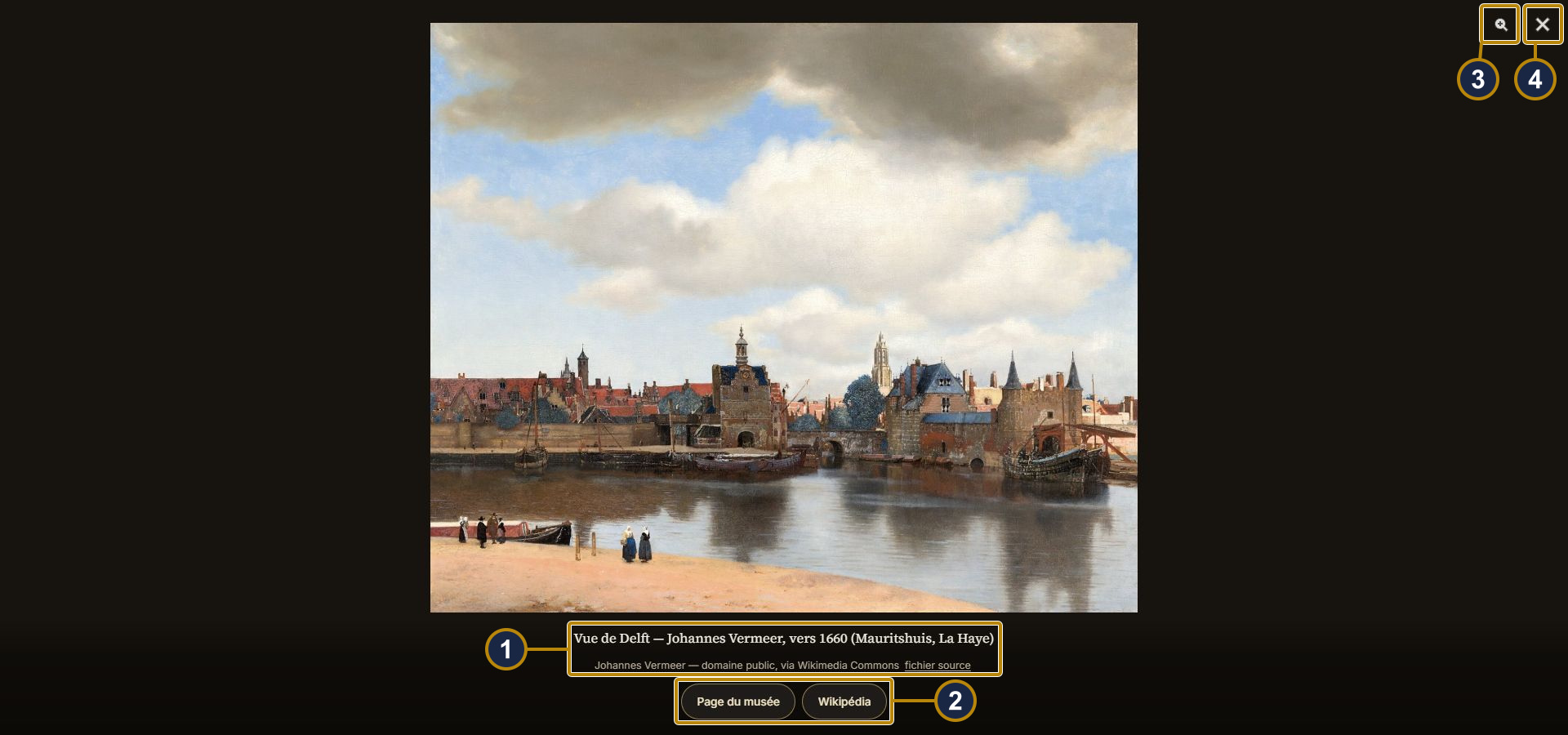 Vermeer’s ‘Vue de Delft’ in large view on black: title, artist, date, holding museum and credit beneath, ‘Page du musée’ and ‘Wikipédia’ buttons, a zoom control and the close cross at top right. Boxes and numbers match the captions.