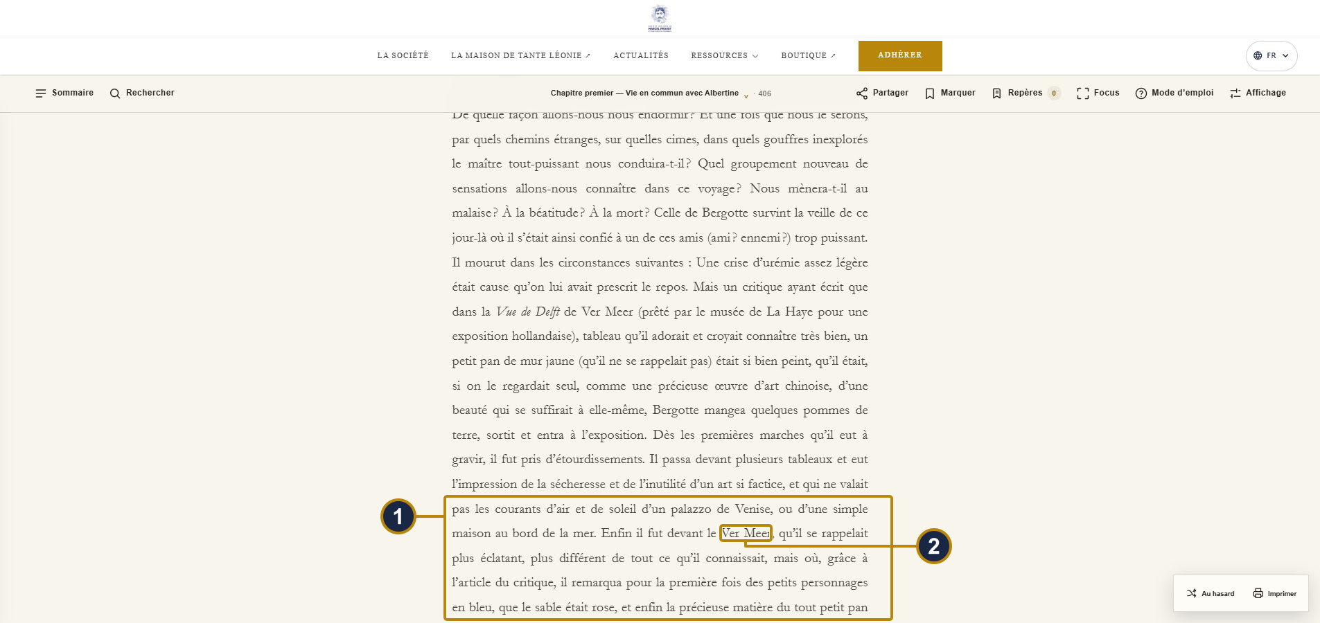 The same paragraph with links hidden: ‘Vue de Delft’ and ‘Ver Meer’ appear as ordinary text, without underlining. Boxes and numbers match the captions.
